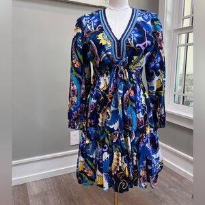 Kaktus Blue Multi-Color Paisley V-Neck Tiered Long Sleeve Dress